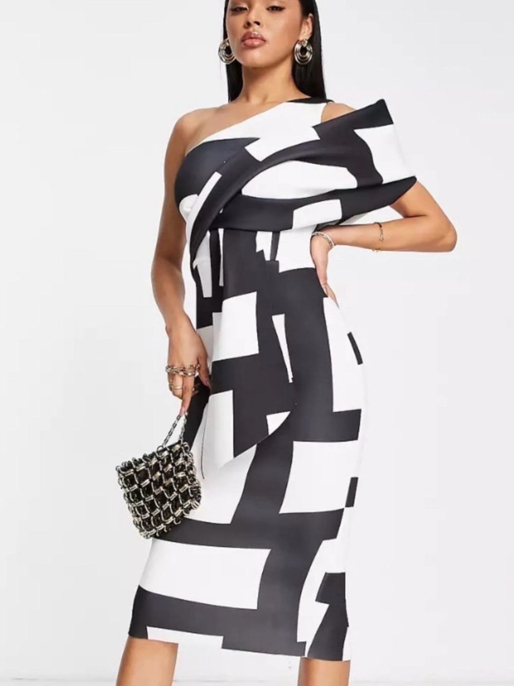 ASOS DESIGN peekaboo shoulder tuck midi pencil dress in mono check Size 12
